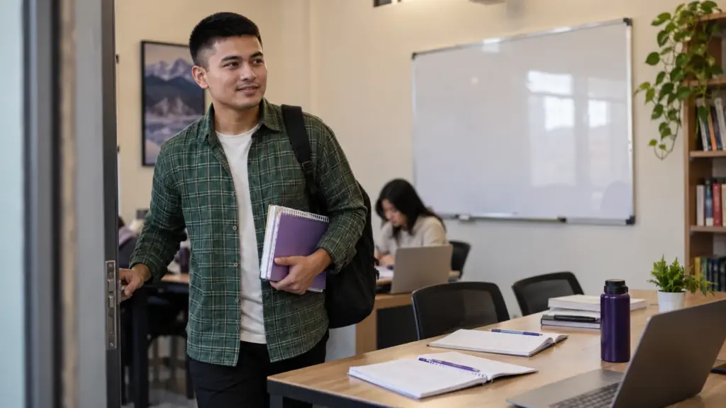 A Nepali male student in a green checked shirt enters a classroom carrying a purple notebook for GRE preparation.