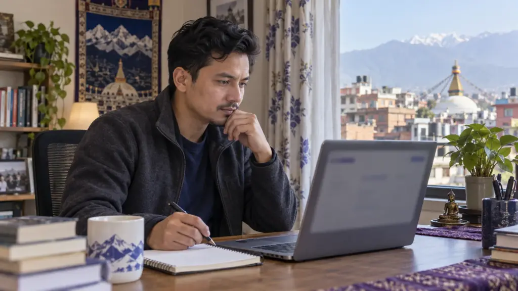 A Nepali GRE candidate in a charcoal jacket reviews registration cost on a laptop beside a notebook at home.