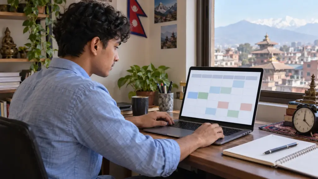 A Nepali GRE candidate in a light blue shirt searches available test dates on a blank calendar interface.