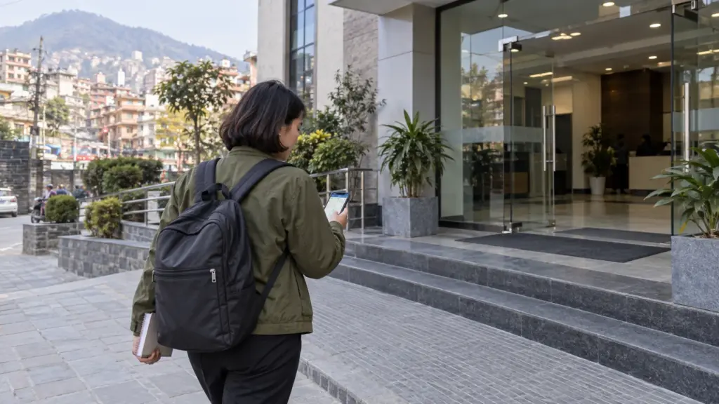Nepali student in a moss-green jacket approaching a building while planning a GRE test centre visit.