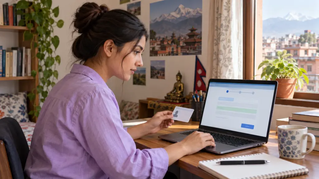 Nepali student in a lavender shirt checks identification beside a laptop before GRE registration.