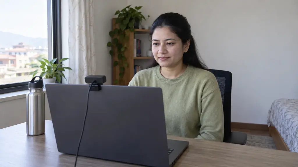 Nepali student in an olive sweater checks a laptop and webcam for GRE at-home testing.