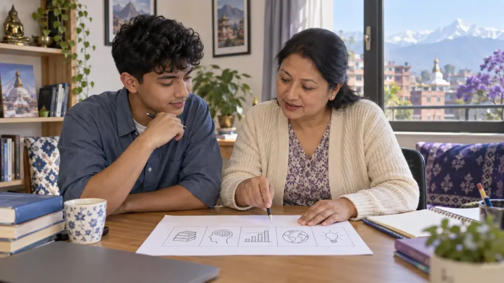 Nepali GRE student and tutor review a General Test format study diagram.