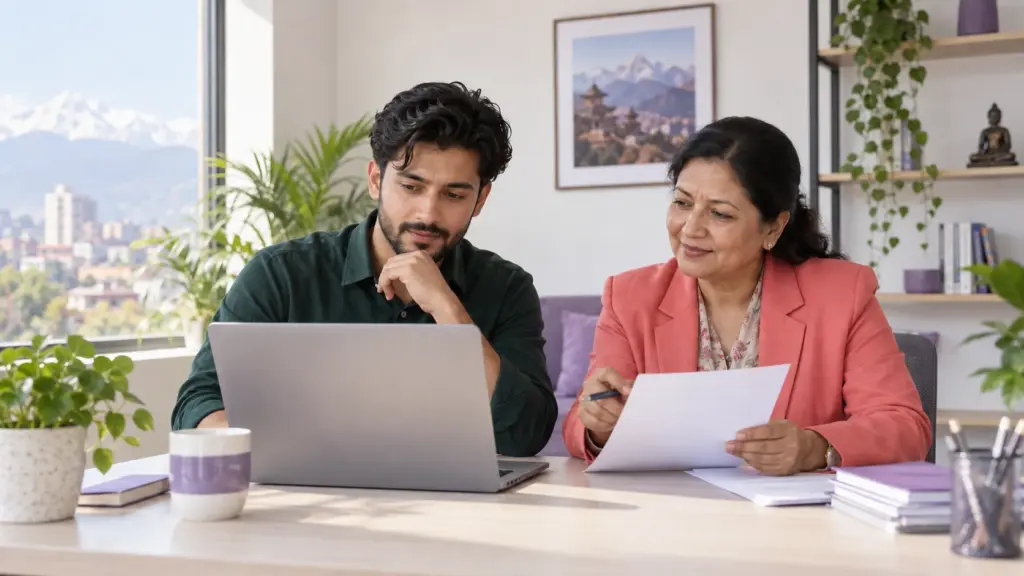 Nepali graduate applicant and adviser review a laptop while planning GRE score reports.