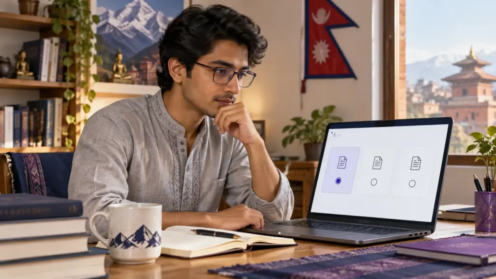 Nepali GRE applicant in a light-grey kurta reviews score-report choices on a laptop.