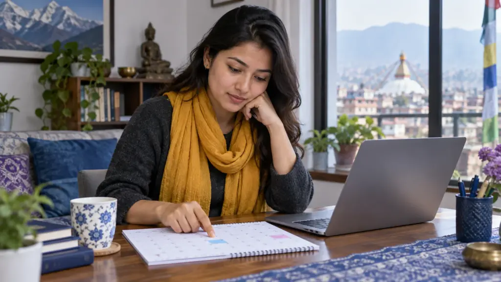 Nepali GRE candidate in a mustard scarf studies a calendar before changing a test appointment.