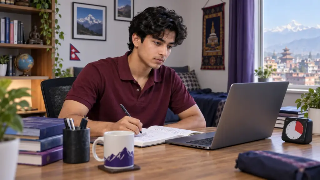 Nepali GRE student in a burgundy polo studies a timed diagnostic and notes errors.