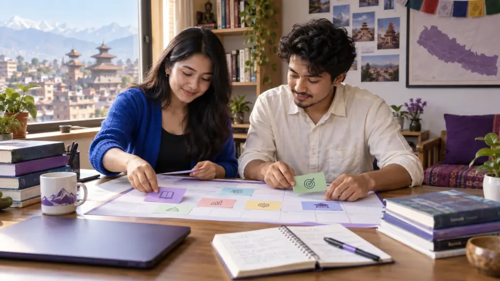 Two Nepali GRE students arrange weekly study cards on an eight-week preparation calendar.