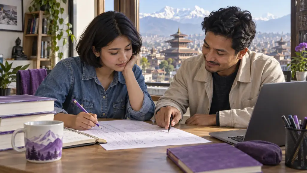 Nepali GRE student in a blue denim shirt and tutor review a timed diagnostic.