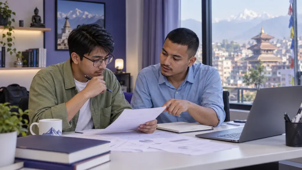 Two Nepali GRE students review advanced mock-test errors and timing notes.