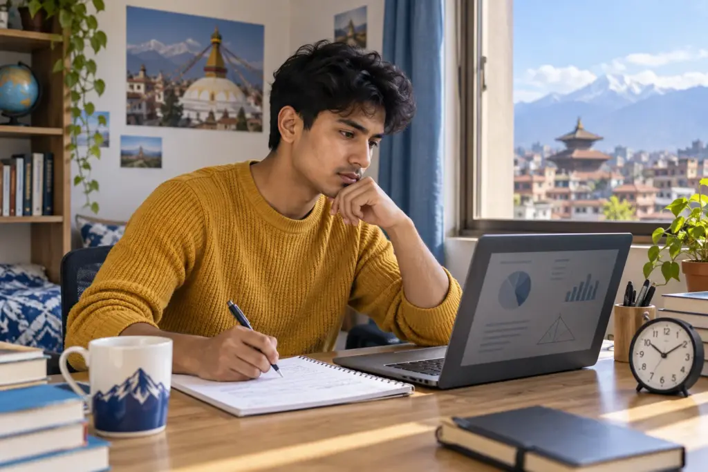 Nepali GRE student reviews an initial diagnostic test and practice charts at home.