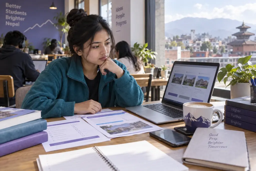 Nepali student researches GRE score expectations on US graduate programme pages.