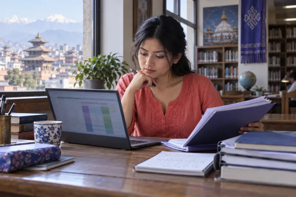 Nepali student reviews a GRE scholarship and assistantship funding checklist.