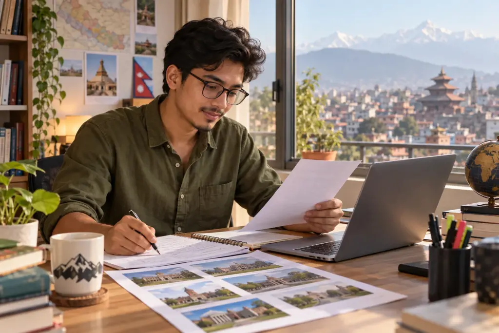 Nepali applicant researches a US master’s programme shortlist while planning GRE preparation.