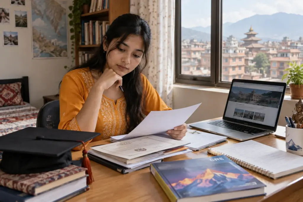 Nepali bachelor graduate reviews degree documents and a GRE preparation notebook.