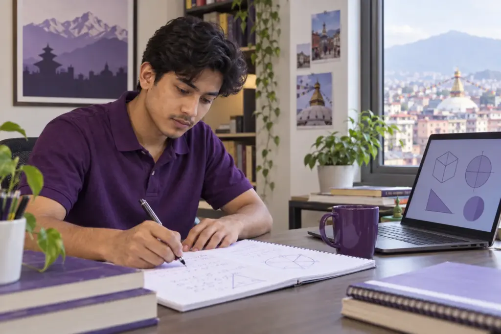Nepali student works through GRE Quantitative Reasoning practice at a desk.