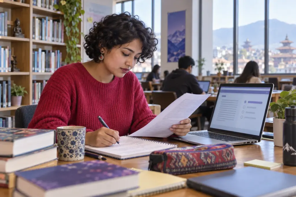 Nepali GRE student reads and annotates a Verbal Reasoning passage in a library.