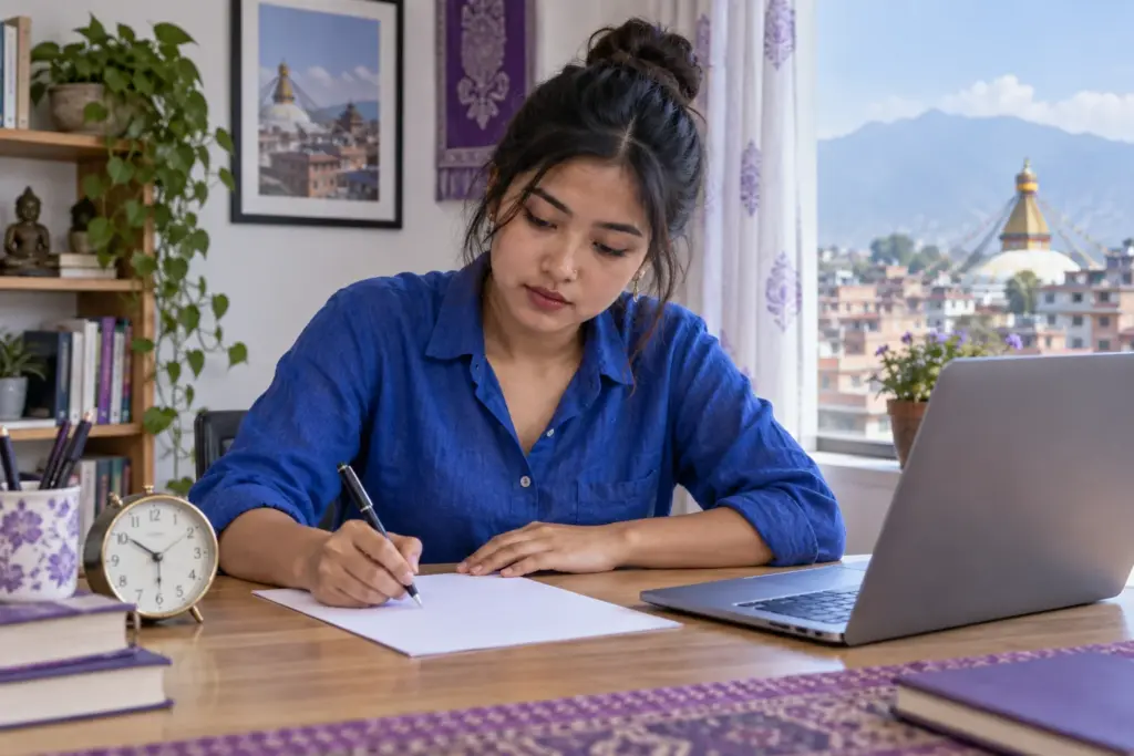 Nepali GRE student outlines a timed Analytical Writing response at a desk.