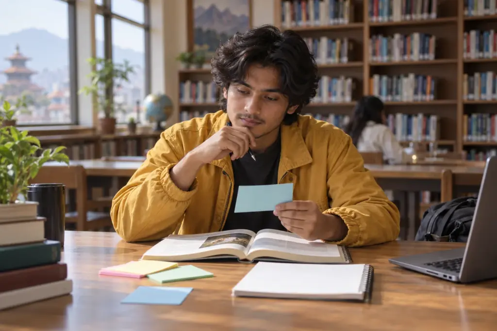 Nepali student studies GRE vocabulary in context with reading and flashcards.