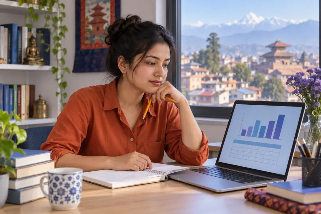 Nepali GRE student studies a chart and table for Data Interpretation practice.