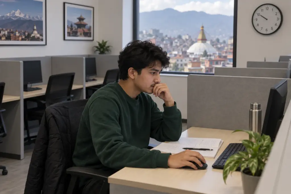 Nepali student takes a timed computer-based GRE mock test in a quiet room.
