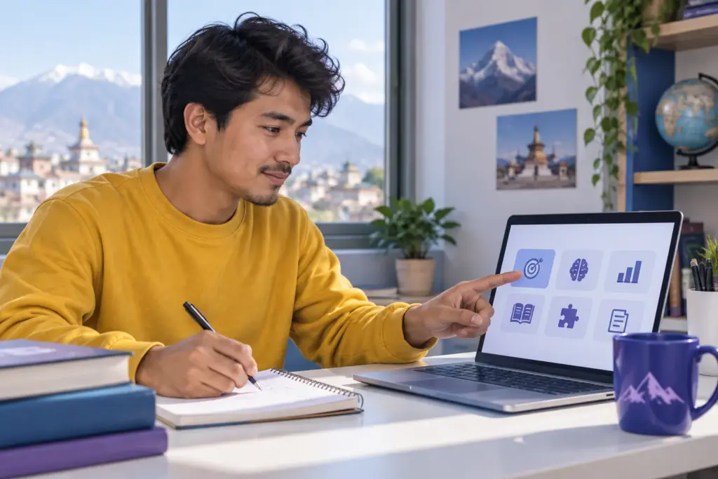 Nepali GRE student selects targeted Quant and Verbal practice from a question bank.