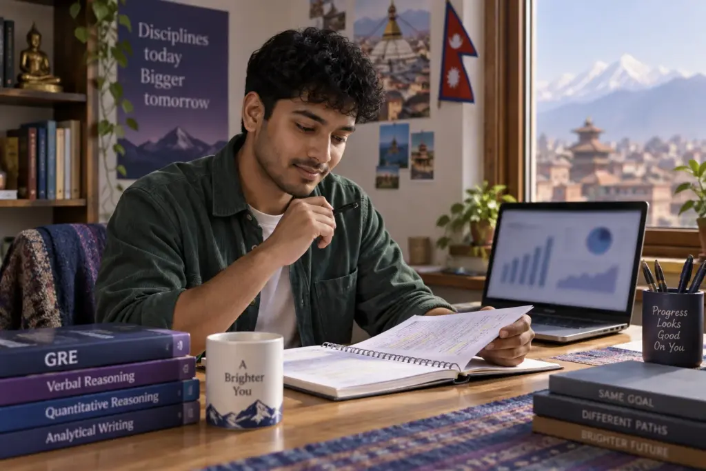 Nepali GRE student compares self-study goals with a weekly practice plan.