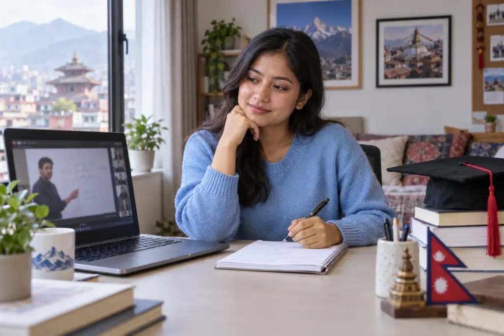 Nepali student joins an online GRE class and takes notes at home.