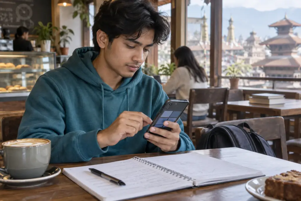 Nepali GRE student uses a mobile app for short practice at a café.