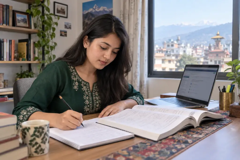 Nepali GRE student uses a physical study book beside digital practice.