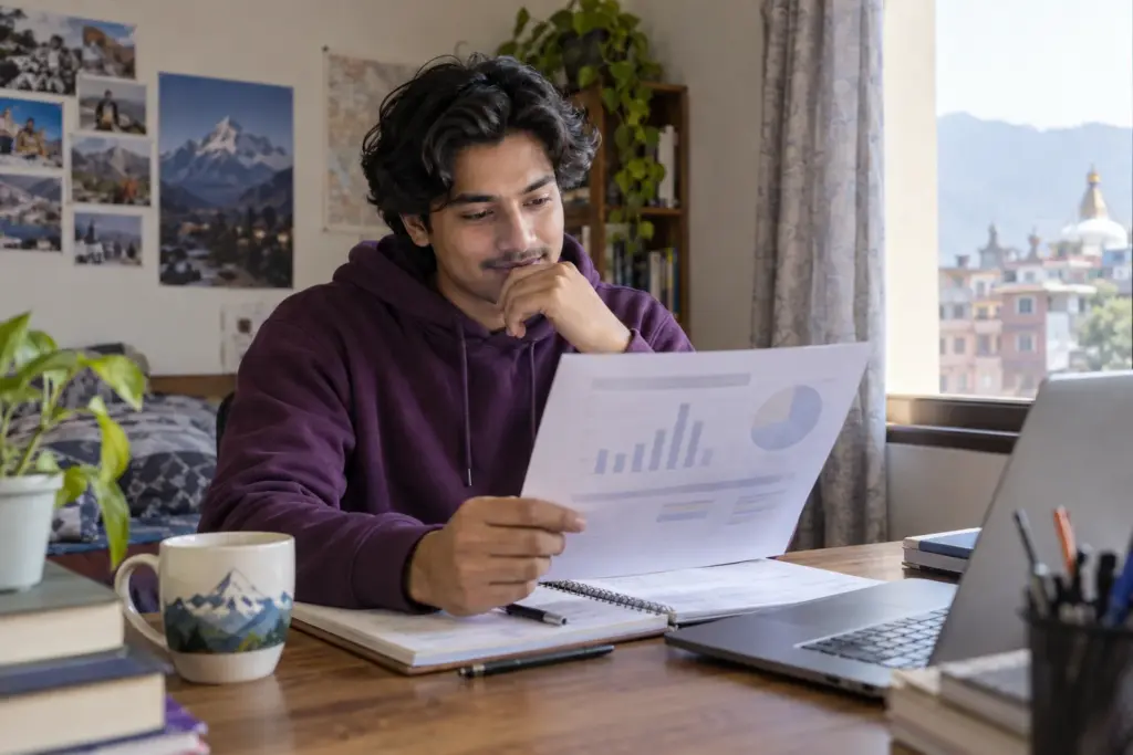 Nepali GRE student reviews a diagnostic profile while planning a 320 score goal.