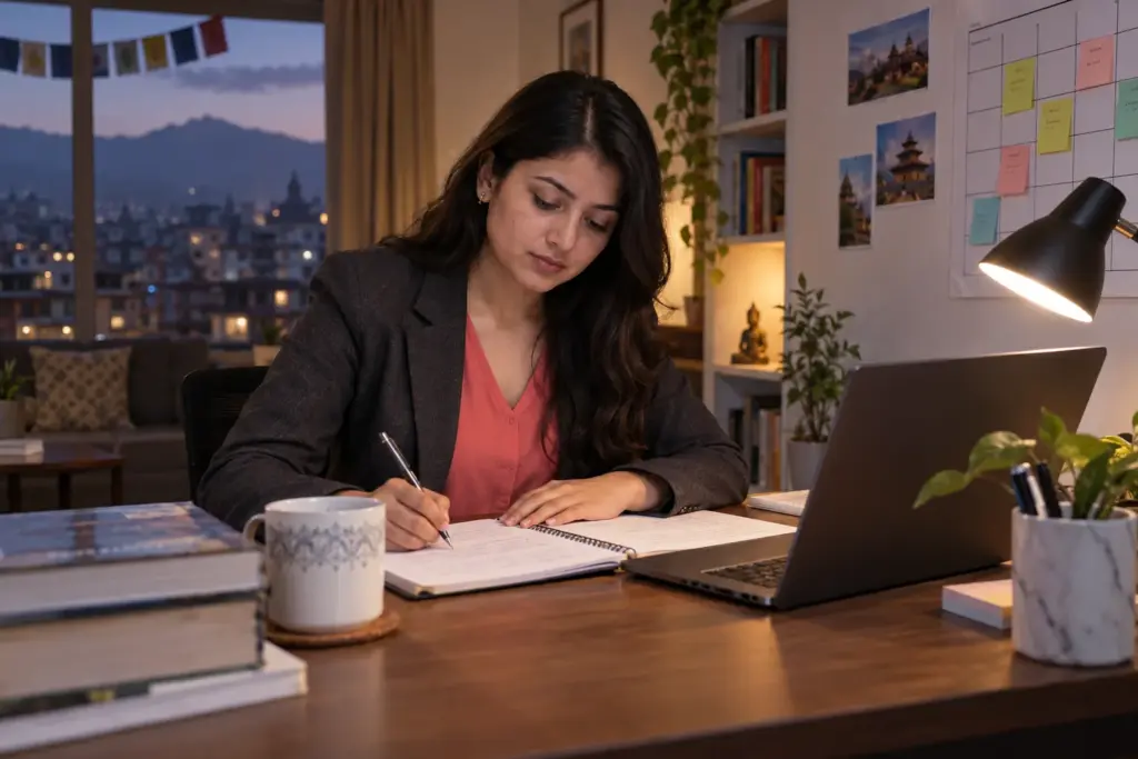 Nepali working professional studies for the GRE after work at home.