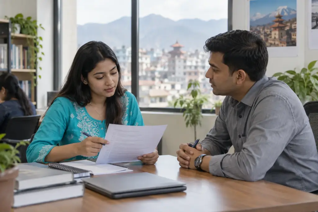 Nepali GRE student and counsellor review a diagnostic checklist.