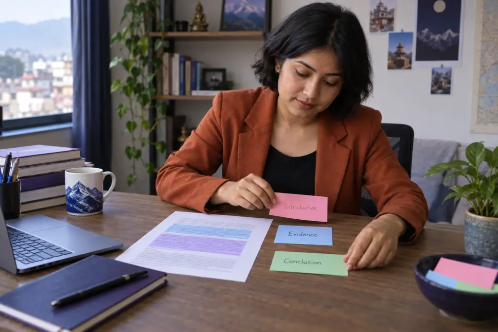 Nepali GRE student maps the introduction, evidence, and conclusion of a reading passage.