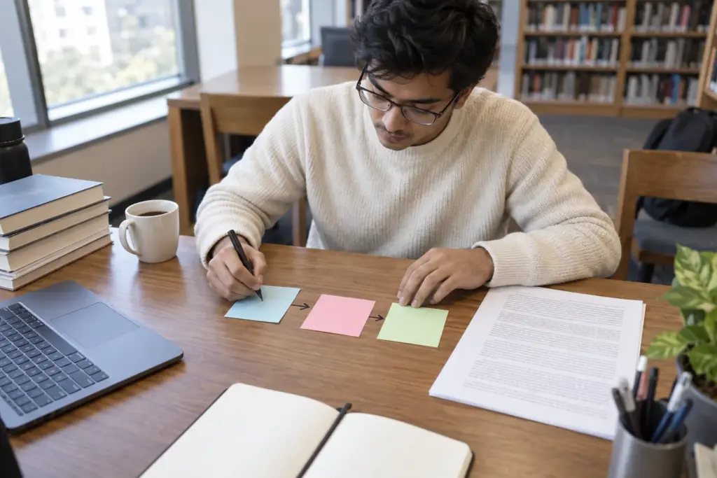 Nepali GRE student maps the structure of a reading passage with note cards.