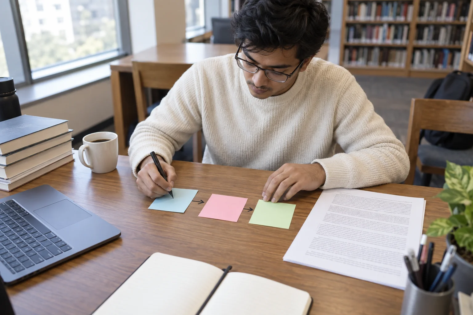 Nepali GRE student maps the structure of a reading passage with note cards.