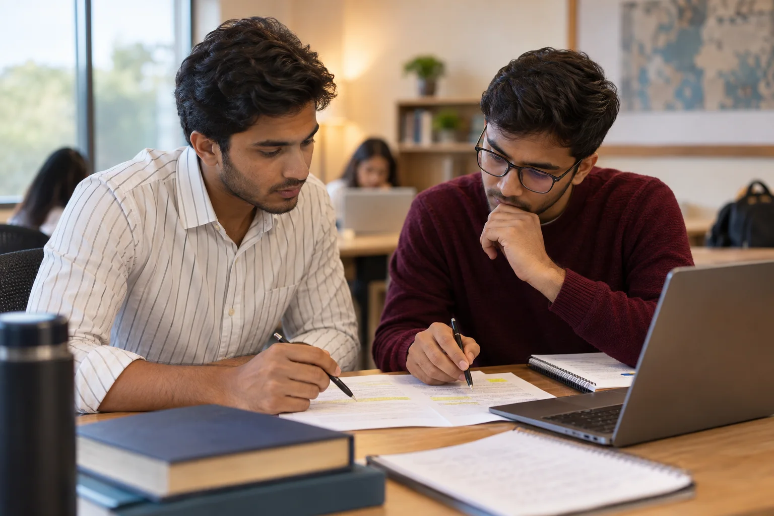 Two GRE students compare highlighted evidence before selecting answer choices.