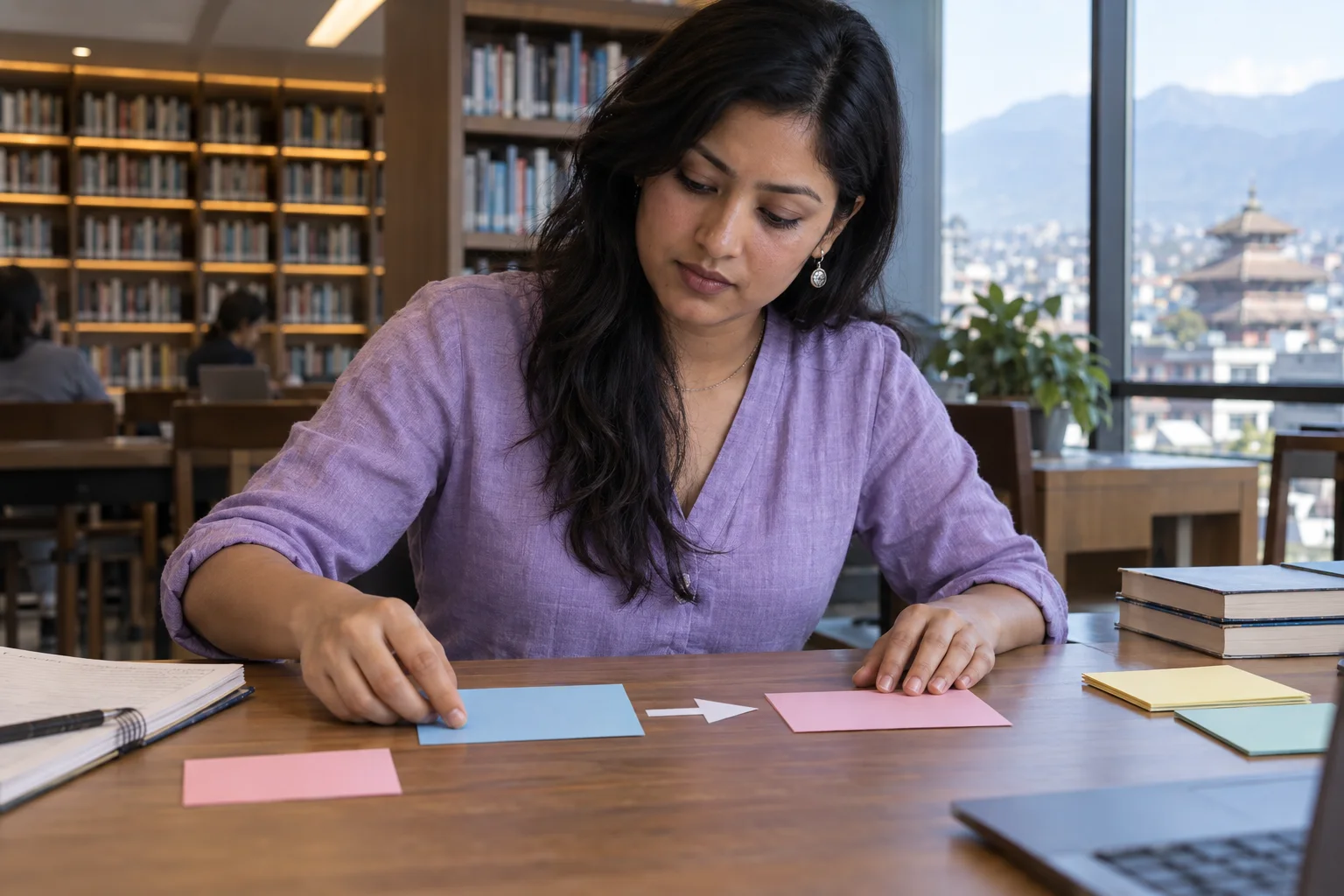 Nepali GRE student connects two blanks with colored cards for text completion.