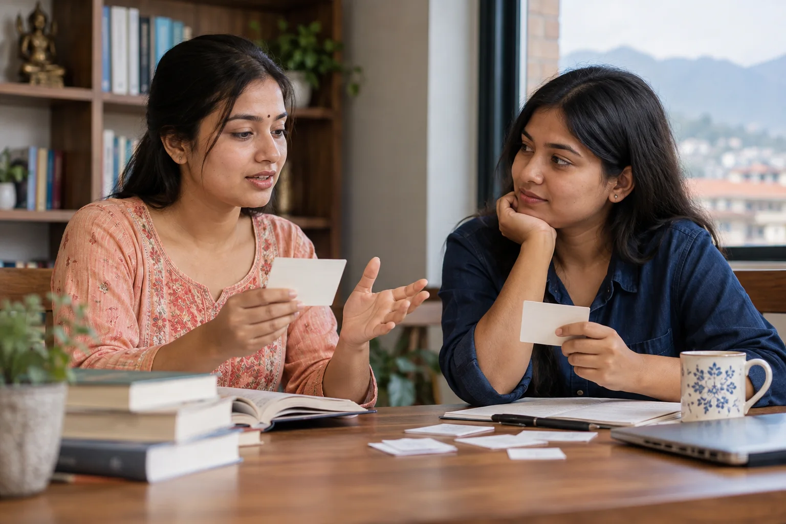 Two students review GRE vocabulary flashcards and connotation in context.