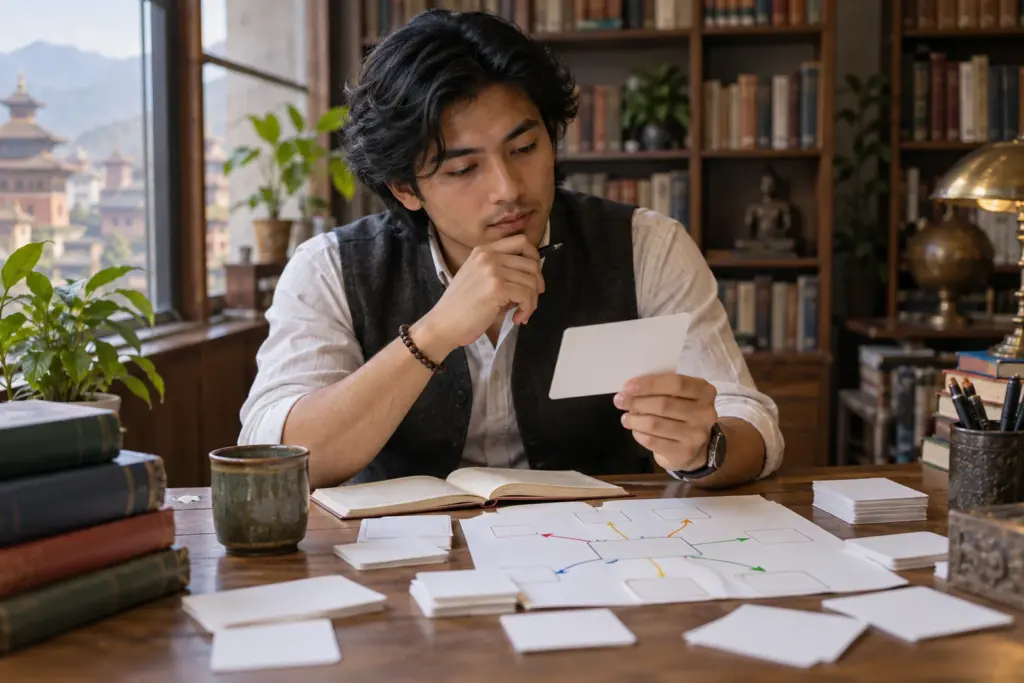 Nepali GRE student organizes vocabulary flashcards by word roots.