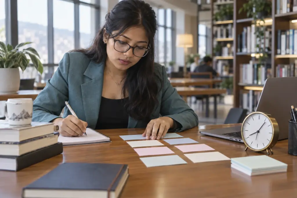 Nepali GRE student plans Verbal Reasoning practice with a desk clock and cards.