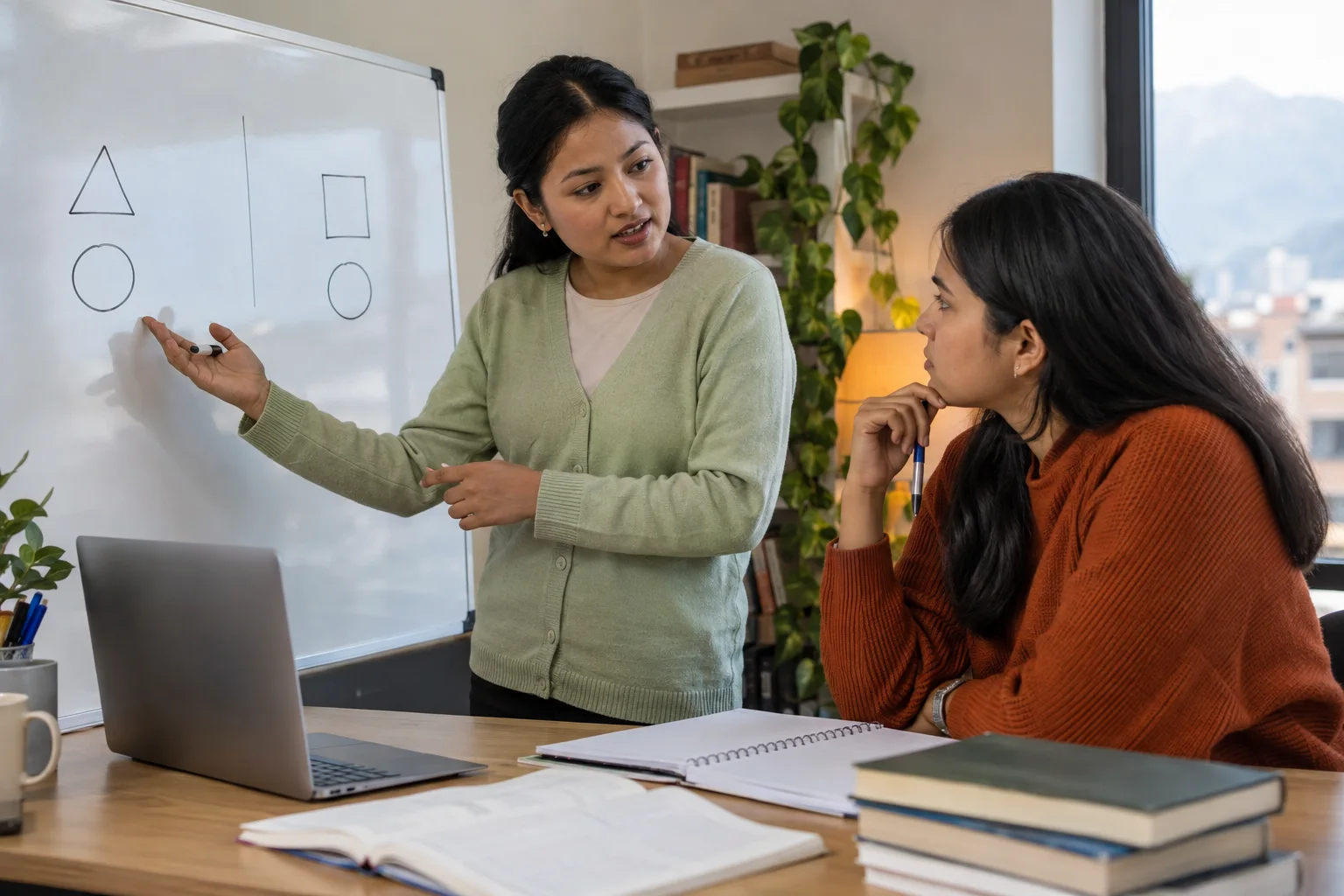 Tutor and student discuss a two-column GRE quantitative comparison.
