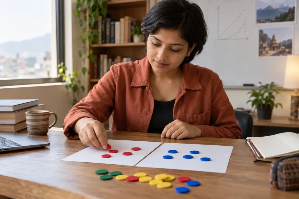 Nepali GRE student tests variable cases with colored counters.