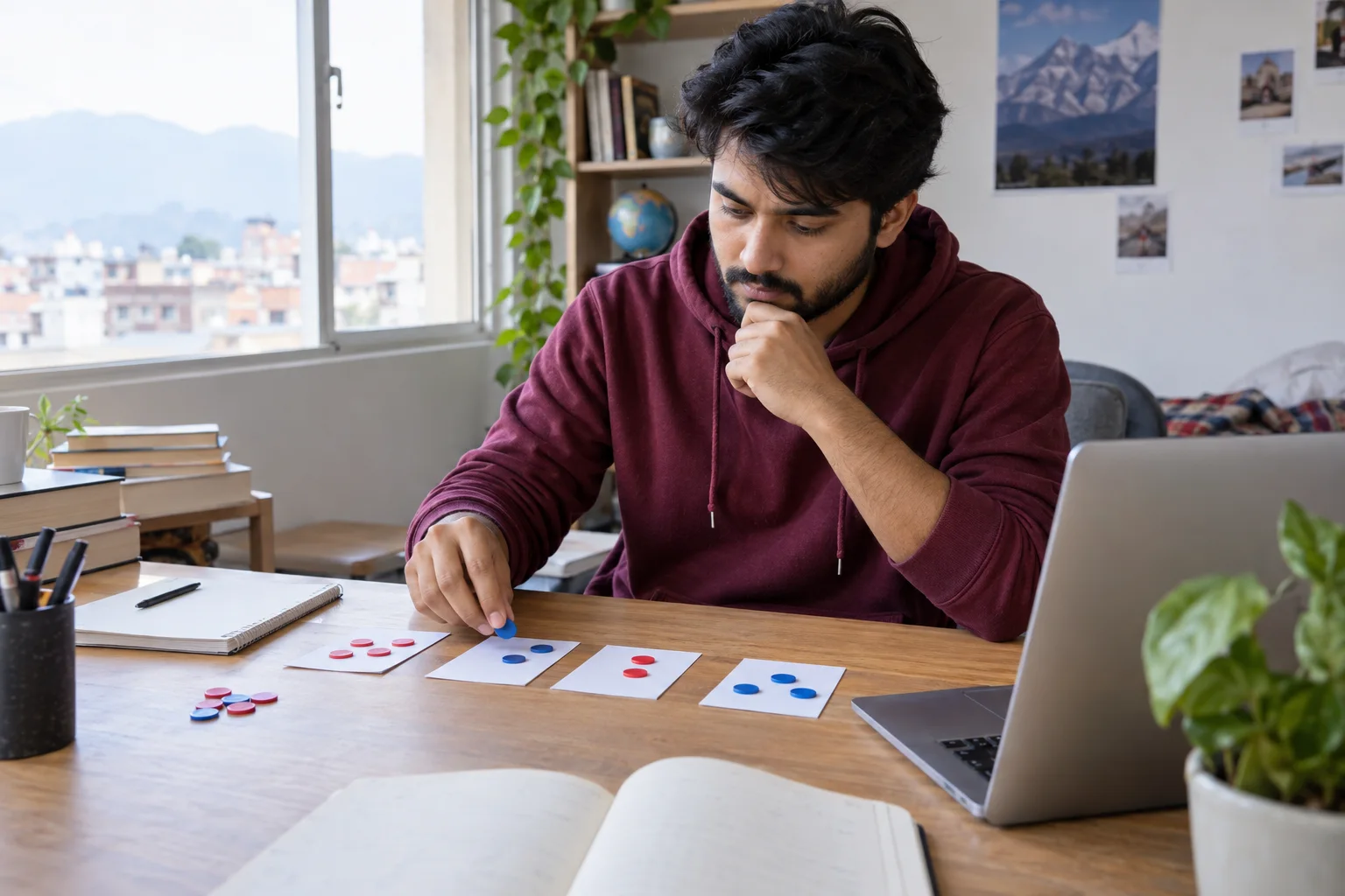 Nepali GRE student checks several quantitative answer choices with colored counters.