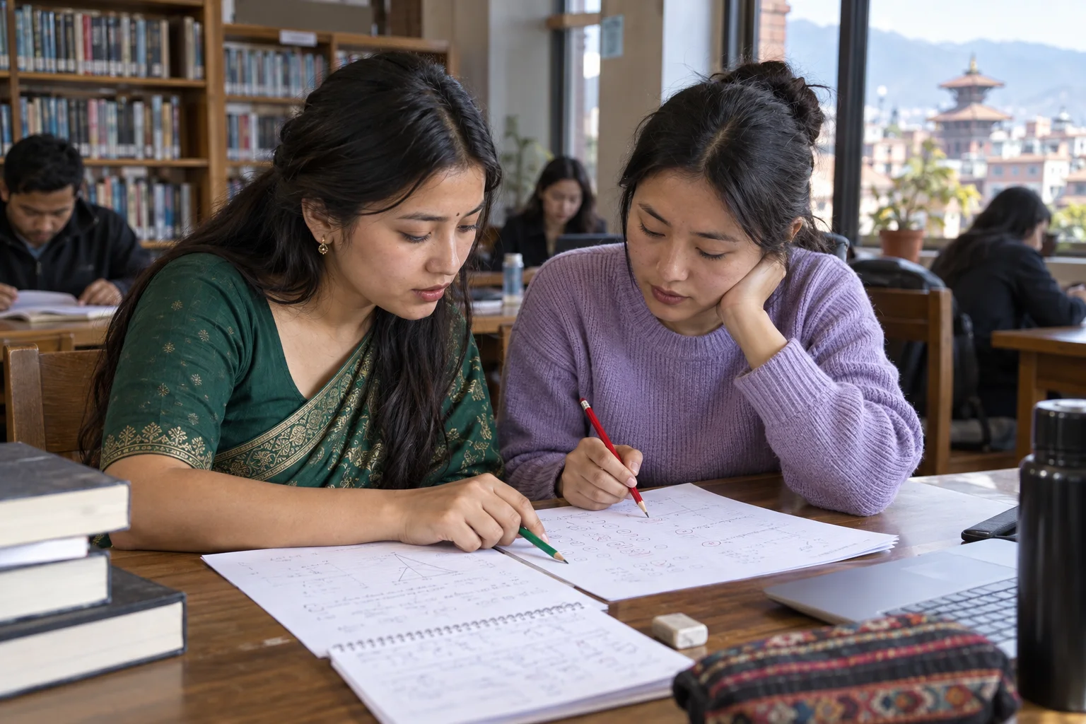 Two GRE students verify multiple-select Quant answers on paper.
