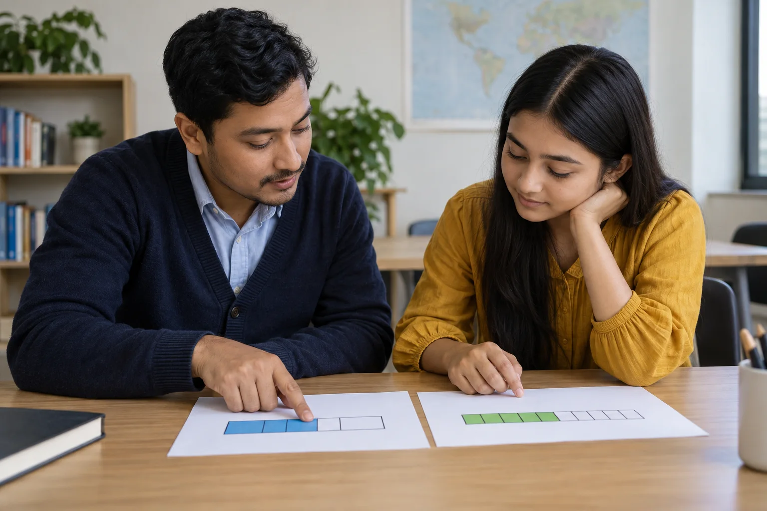 Tutor and student compare fraction and decimal bar models for GRE Quant.