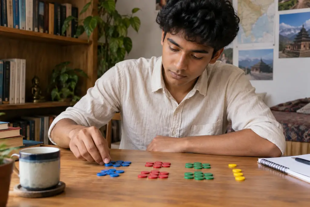 Nepali GRE student organizes colored counters to reason about remainders.