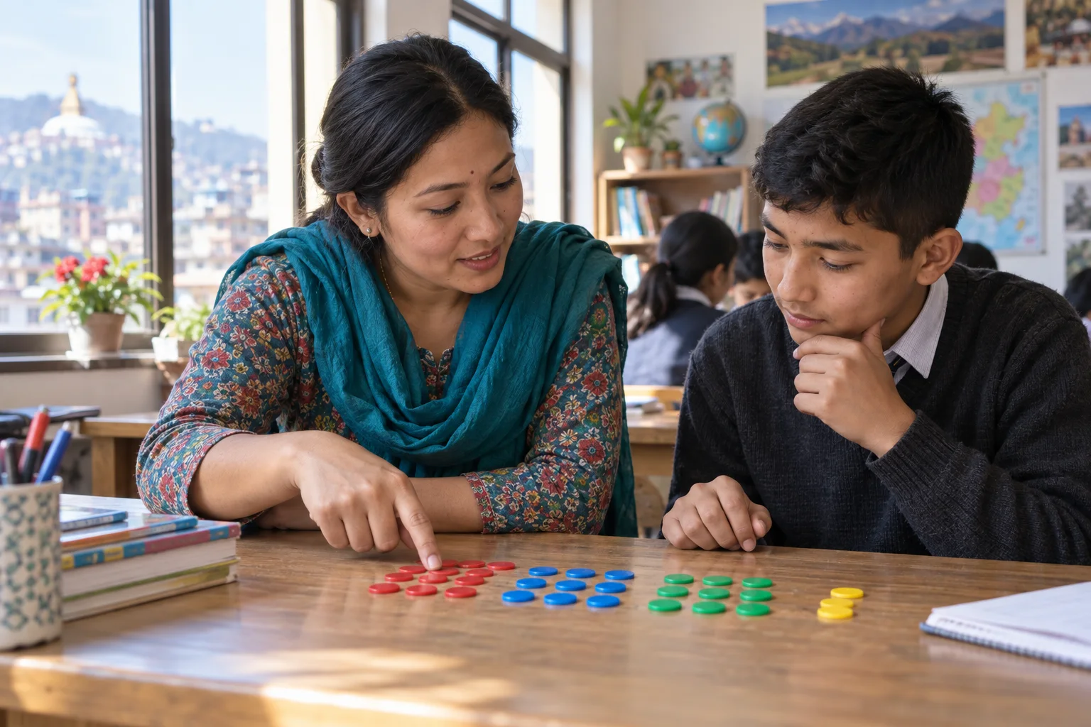 Tutor and student use counters to discuss GRE divisibility and remainders.