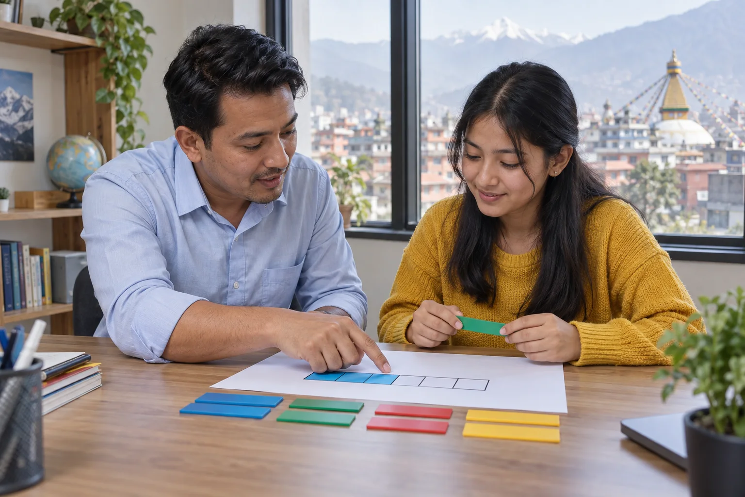 Tutor and student use colored strips to explain fraction-to-percent reasoning.