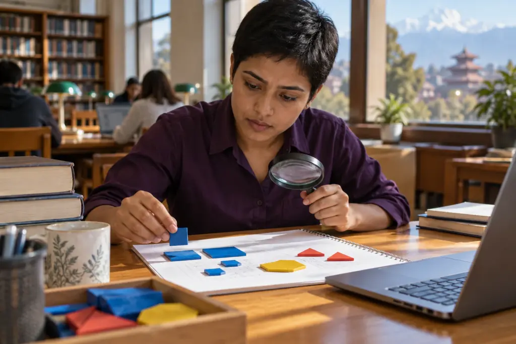 Nepali GRE student examines geometric tiles while studying equivalent exponent and root forms.
